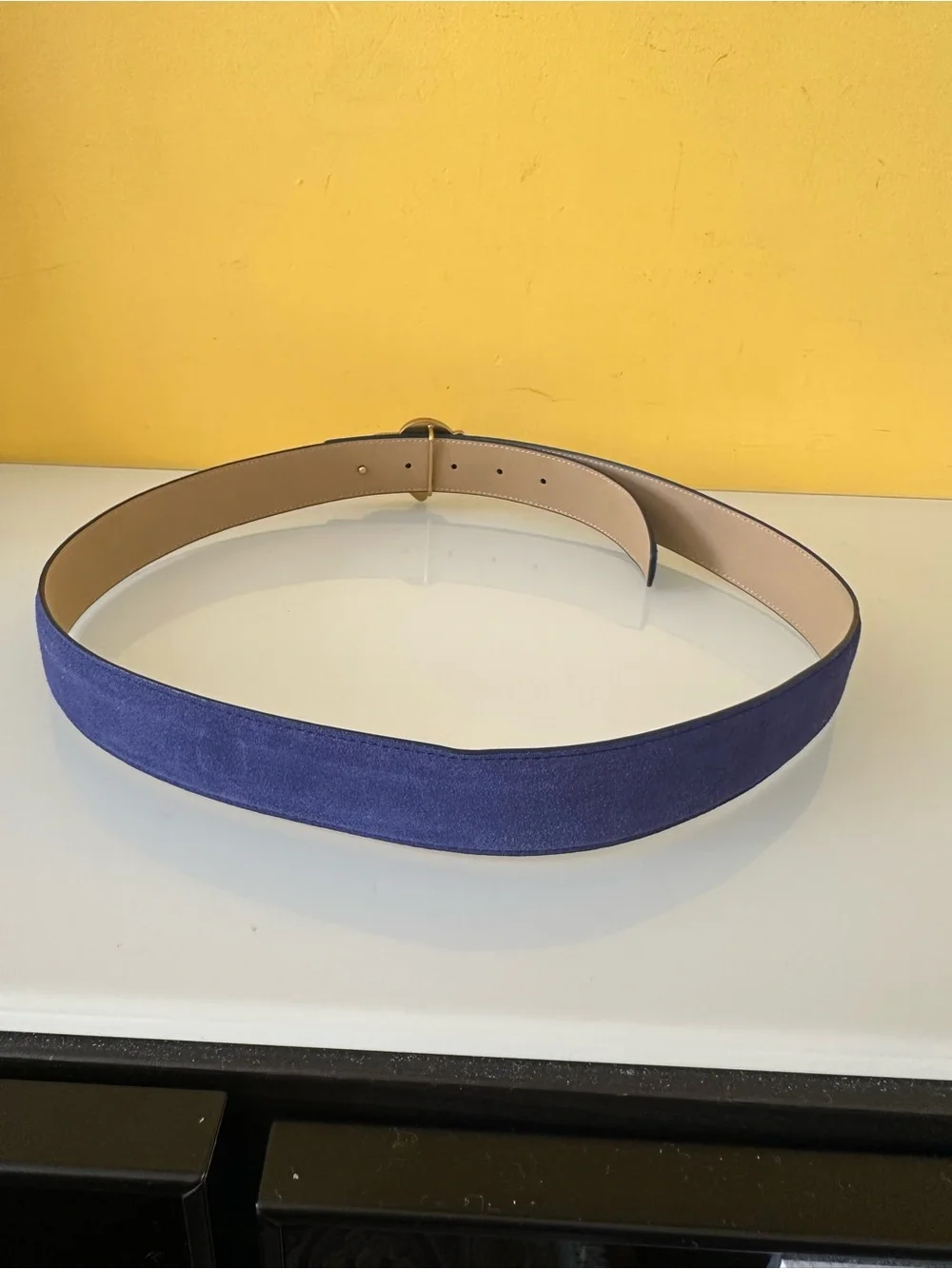 Nimany Bespoke Art Luna Blue Suede Belt with Vintage Gold Tone Buckle Size M